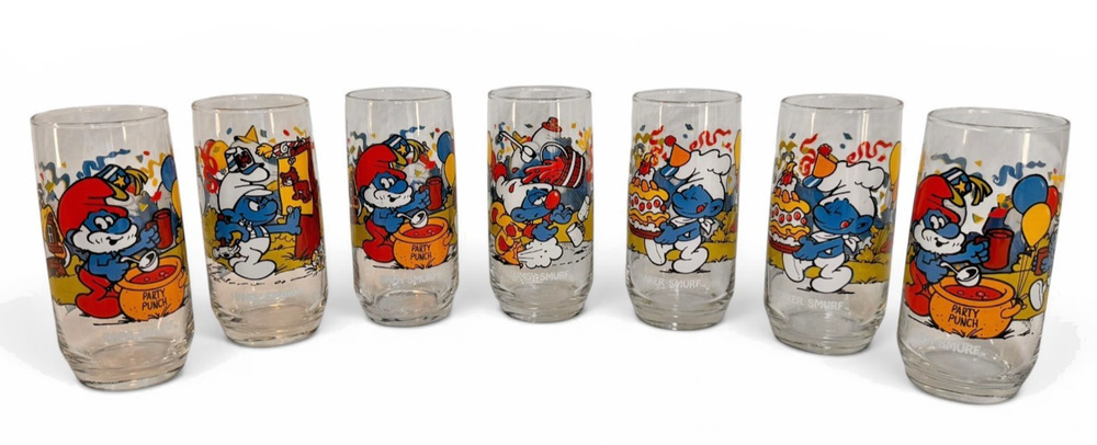 Vintage 1983 Smurf Drinking Glass Lot of 7 Peyo Wallace Berrie Baker Papa Clumsy